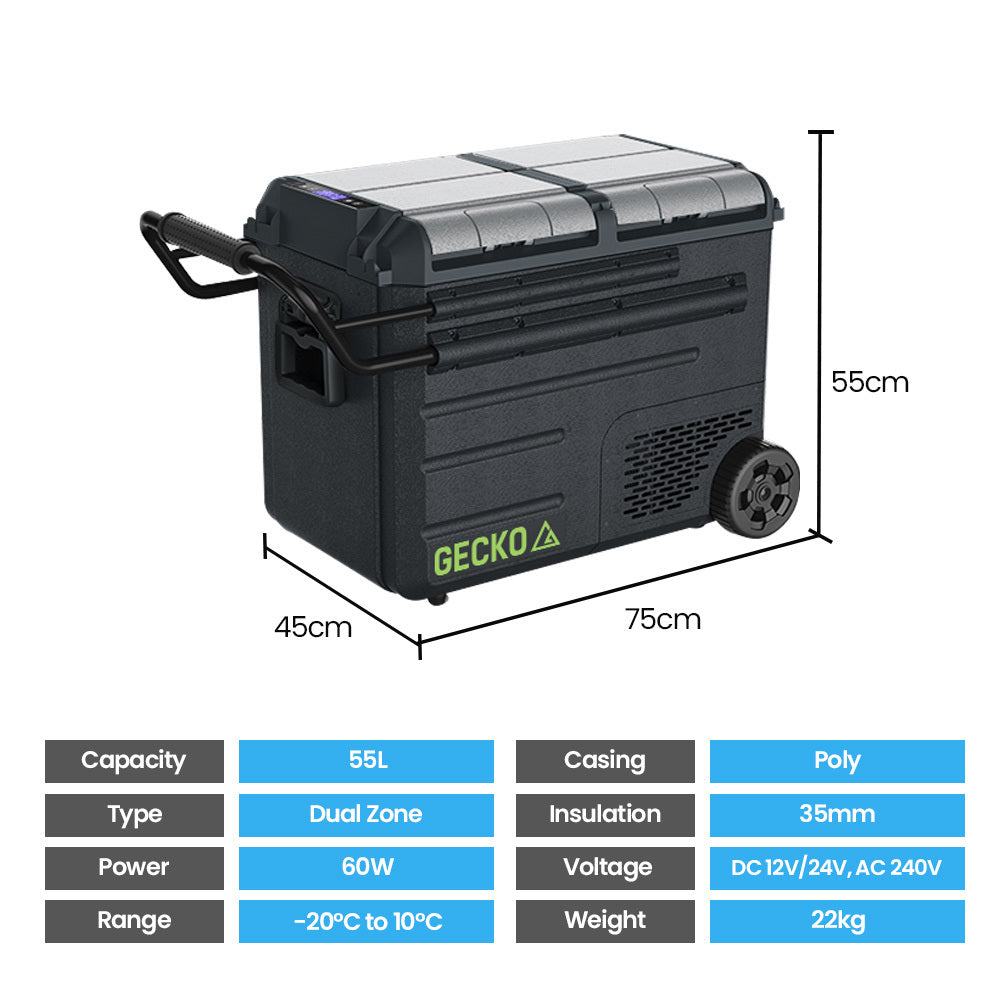 Gecko 55L Dual Zone Portable Fridge Freezer with onboard Lithium Battery, 12V/24V/240V