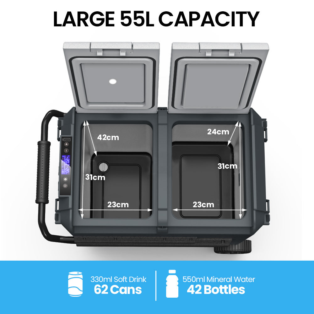Gecko 55L Dual Zone Portable Fridge Freezer with onboard Lithium Battery, 12V/24V/240V