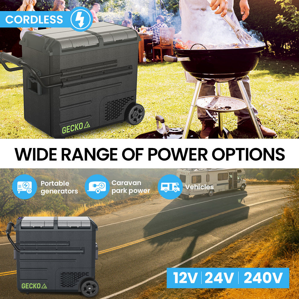 Gecko 65L Dual Zone Portable Fridge Freezer with onboard Lithium Battery, 12V/24V/240V