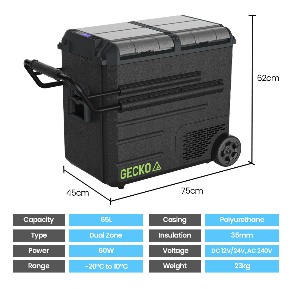 Gecko 65L Dual Zone Portable Fridge Freezer with onboard Lithium Battery, 12V/24V/240V