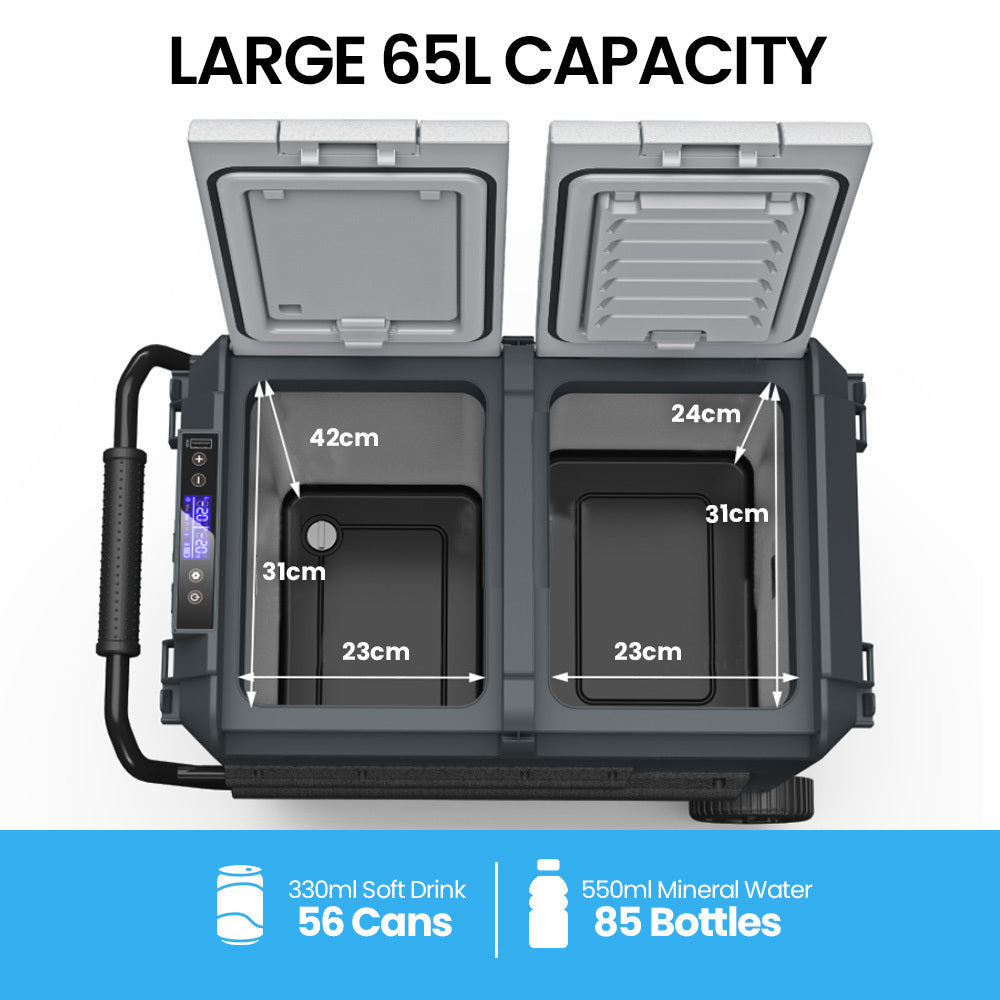 Gecko 65L Dual Zone Portable Fridge Freezer with onboard Lithium Battery, 12V/24V/240V