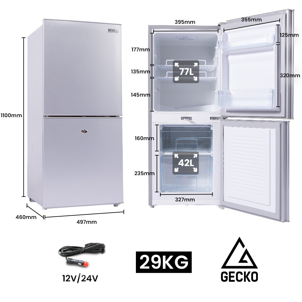 GECKO 119L Upright Portable Fridge / Freezer, 12V/24V Silver