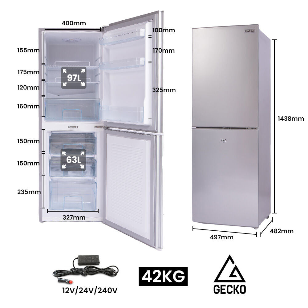 GECKO 160L Upright Portable Fridge / Freezer, 12V/24V Silver