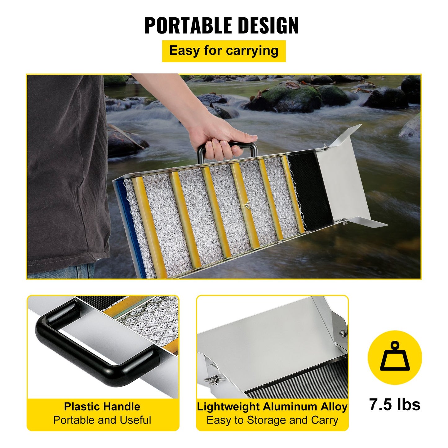 VEVOR Aluminum Alloy Sluice Box, Compact 36" Mini Sluice Boxes for Gold, Lightweight Gold Sluice Equipment, Portable Sluice Boxes with Miner\'s Moss, River, Creek, Gold Panning, Prospecting, Dredging